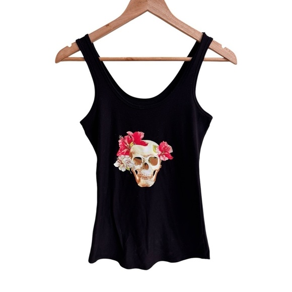 No Boundaries Black Scoop Neck Tank Top Skull Flowers Juniors Size S Bohemian  C - Picture 1 of 10